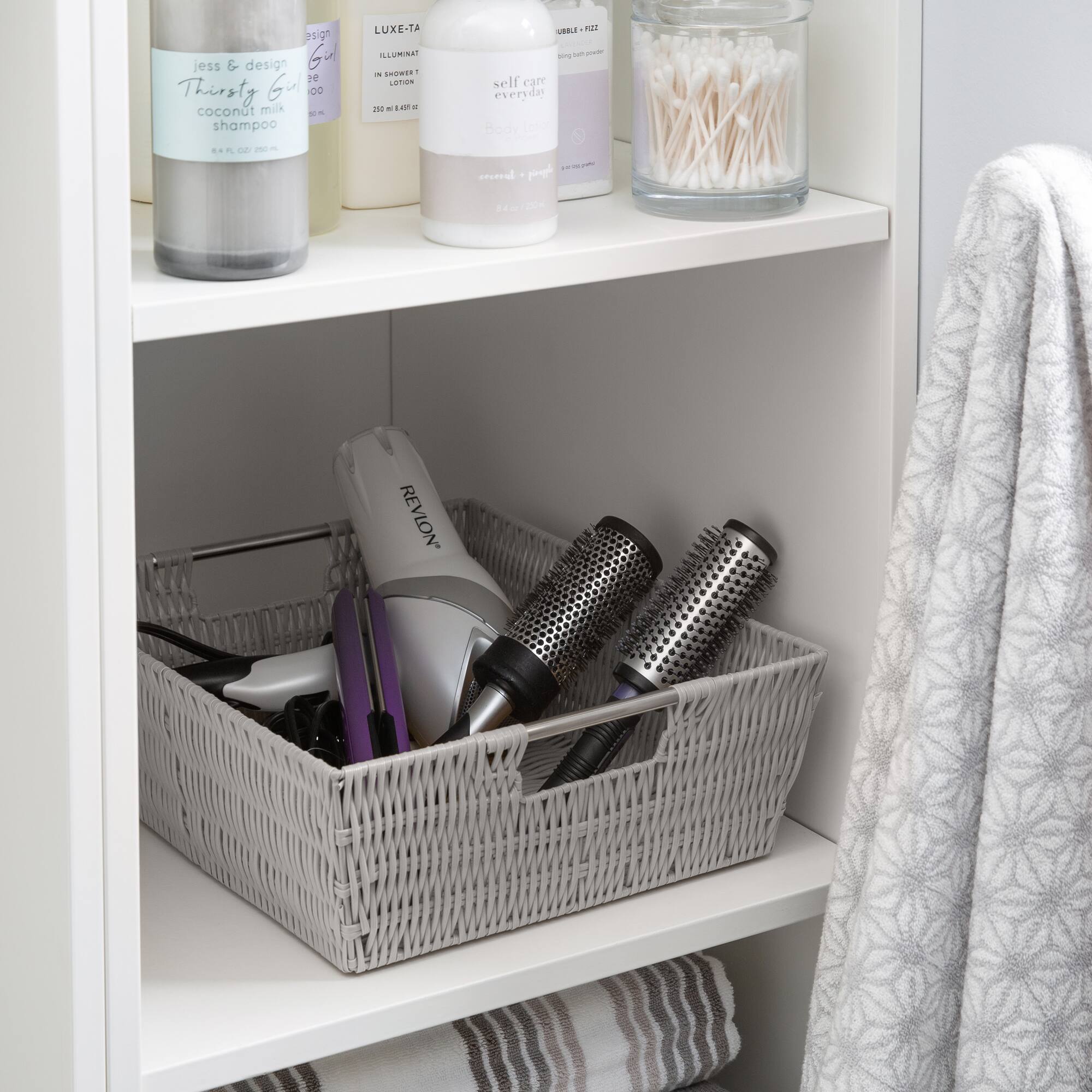Simplify Gray Shelf Storage Rattan Tote Basket